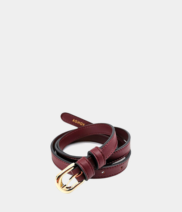 Ceinture vegan pour femme bordeaux et boucle laiton dorée, Haute maroquinerie écoresponsable et végane